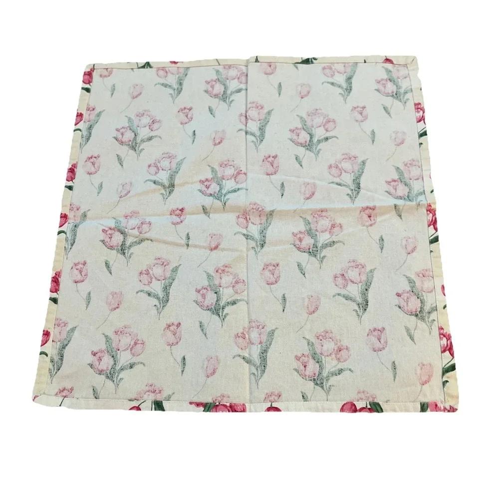 Vintage Napkin Cream‎ Pink Green Floral Rose Fabric MCM 18